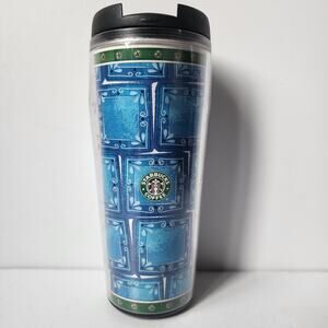 Starbucks Barista Travel Mug Blue Square Picture Frame 16 Oz Coffee Tumbler 2002